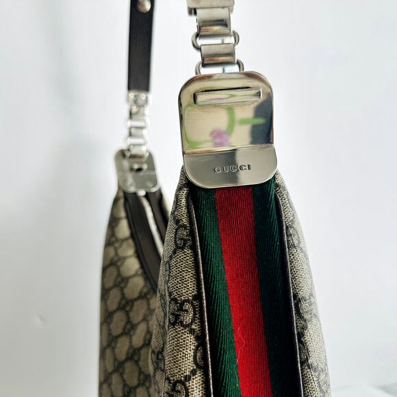 Gucci GG Supreme Monogram Textured Calfskin Web Large Shoulder Bag Beige Ebony - Picture 6 of 16